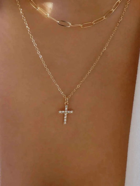 Double Layered Inlaid Zircon Cross Pendant Necklace