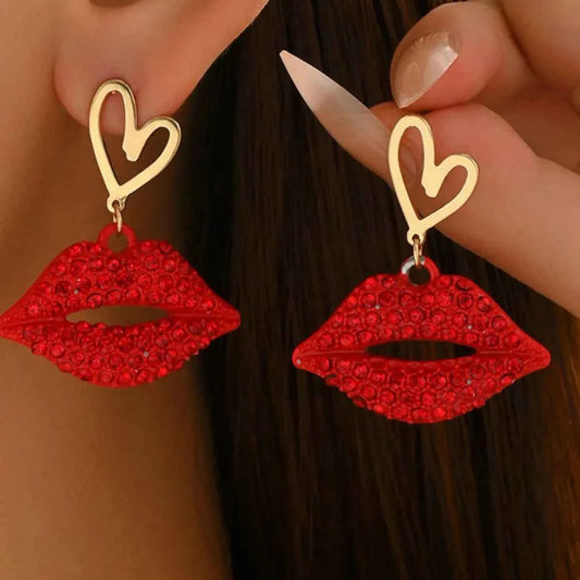 18K Gold-Plated Rhinestone Lips Heart Dangle Earrings