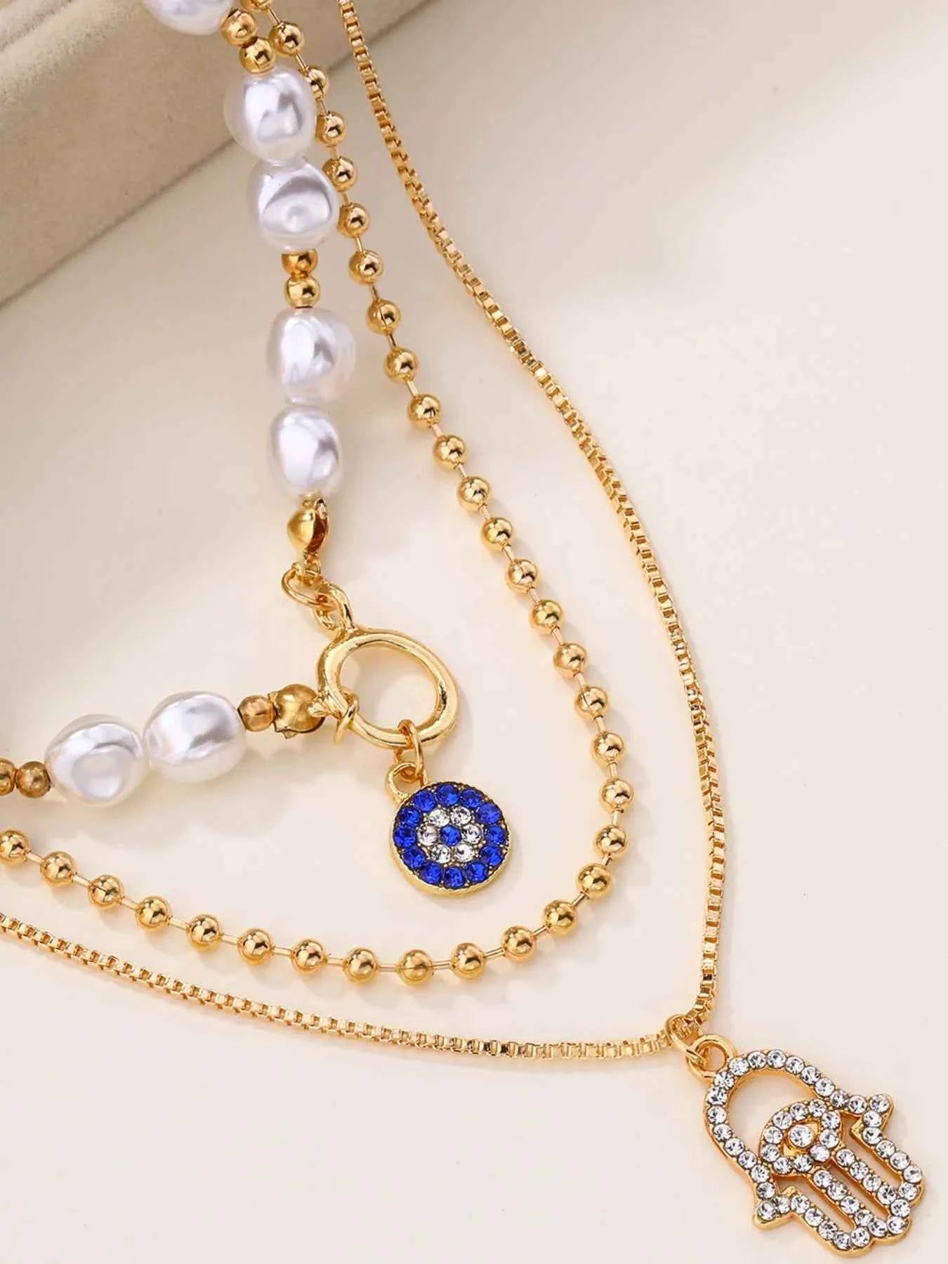 Layered Pearl Chain Evil Eye Hamsa Pendant Necklace