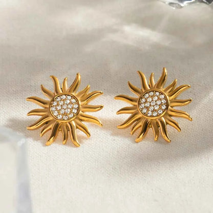 Stainless Steel Inlaid Rhinestone Sun Shape Stud Earrings